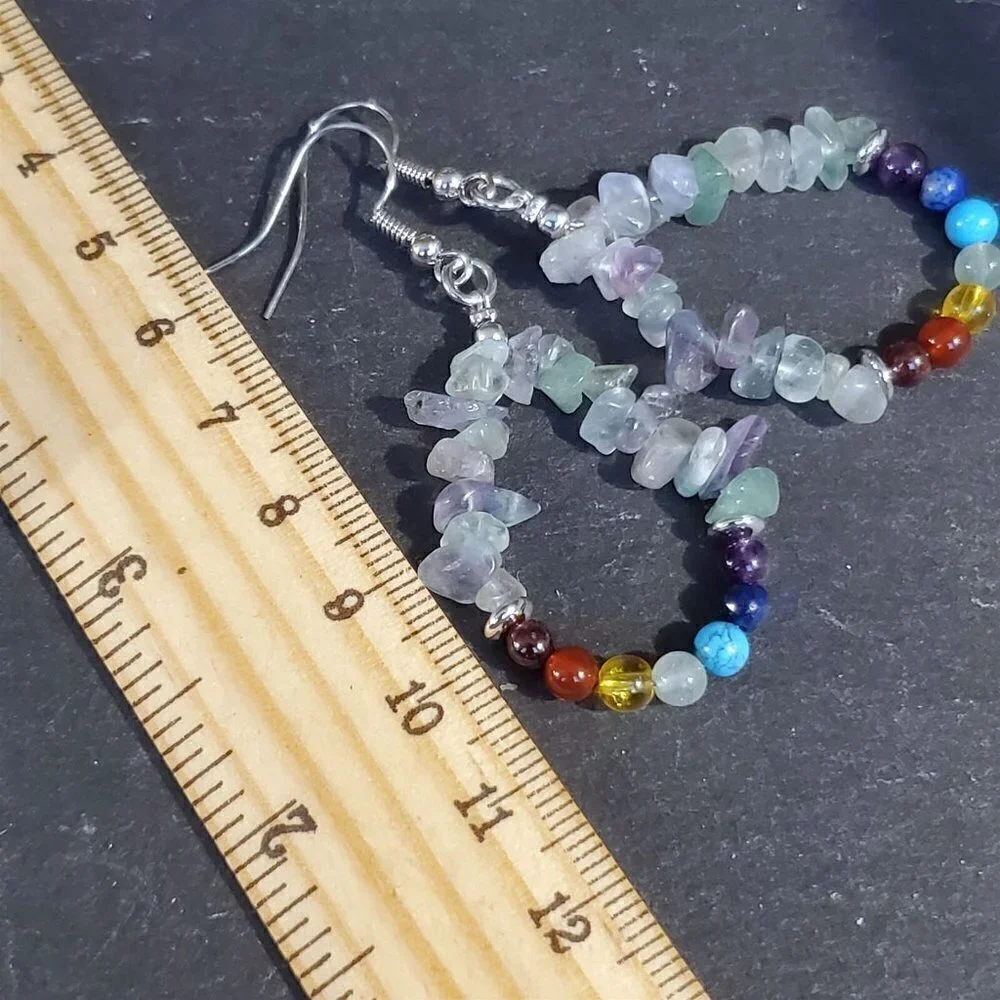 Artisan Rainbow Fluorite 7 Chakras Yoga Om Mindful Gemstone Teardrop Earrings